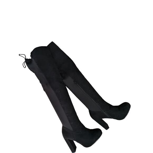 NWOT! BAMBOO! OVER-THE-KNEE BLACK VEGAN SUEDE ELASTIC BACK CHUNKY BOOTS! SZ 8.5M - Picture 2 of 11